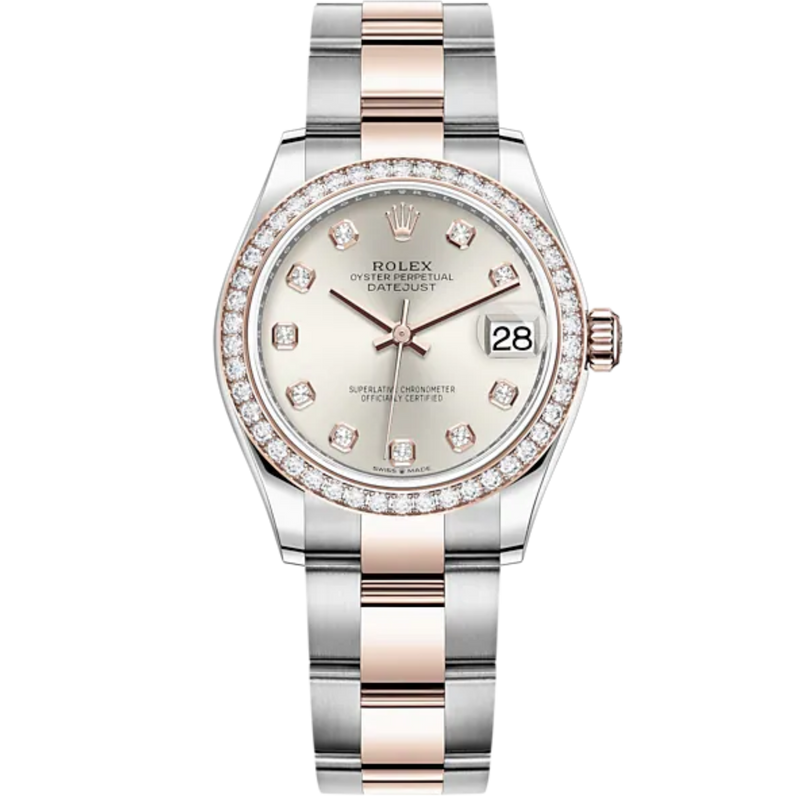 Datejust 31 31mm Oyster Bracelet Oystersteel and Everose Gold with Silver Diamond-Set Dial Diamond-Set Bezel - Rolex