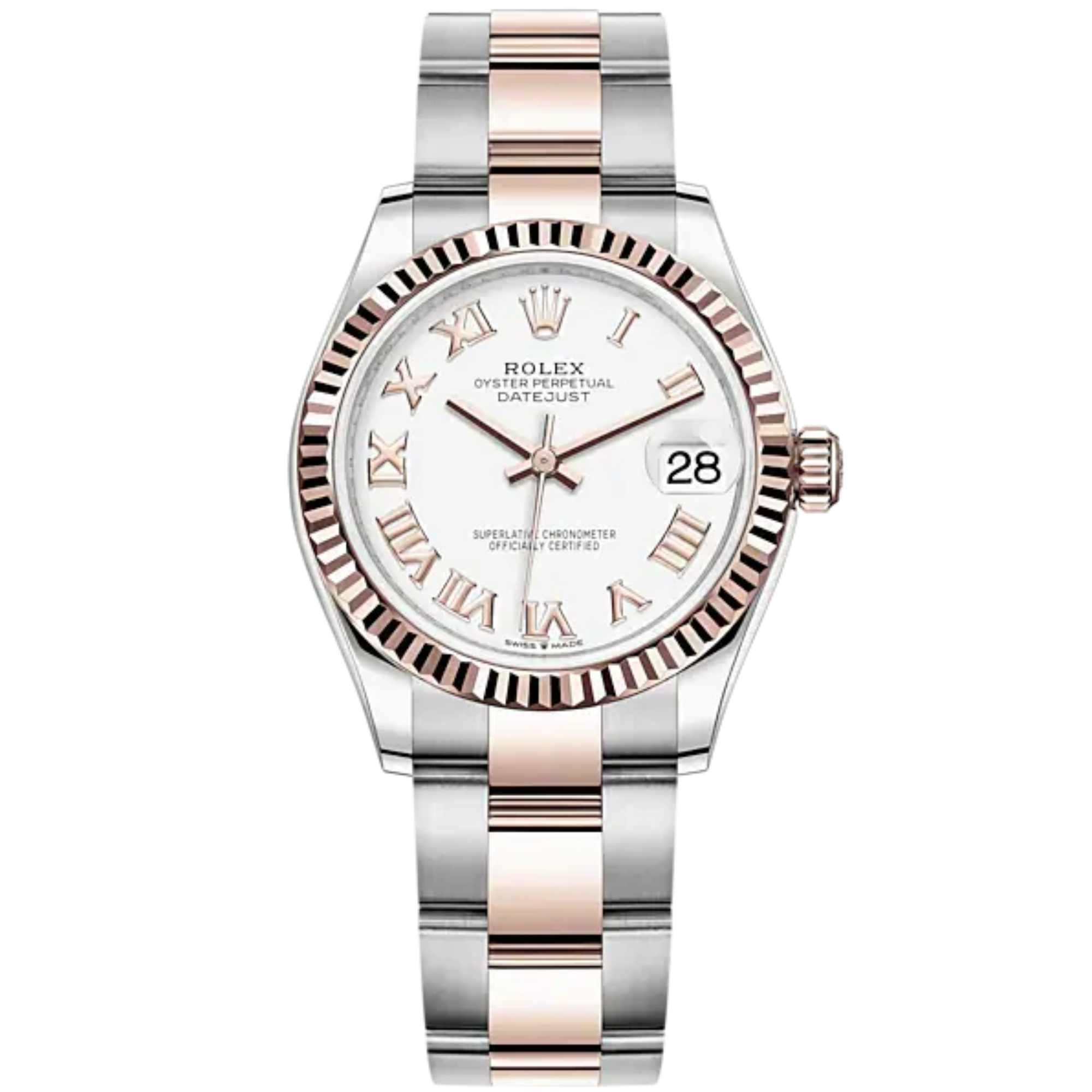 Datejust 31 31mm Oyster Bracelet Oystersteel and Everose Gold with White Dial Fluted Bezel - Rolex