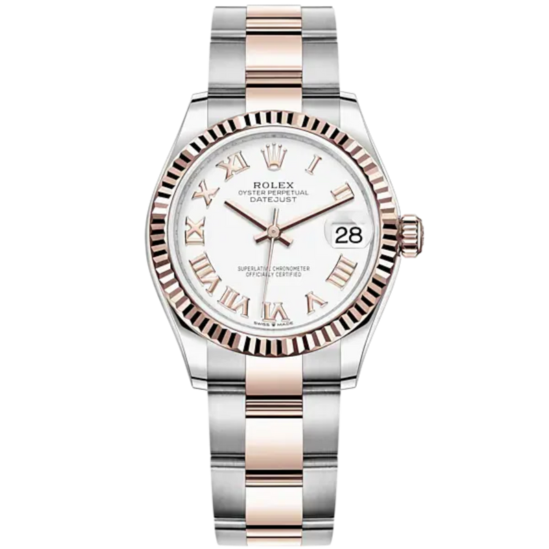 Datejust 31 31mm Oyster Bracelet Oystersteel and Everose Gold with White Dial Fluted Bezel - Rolex