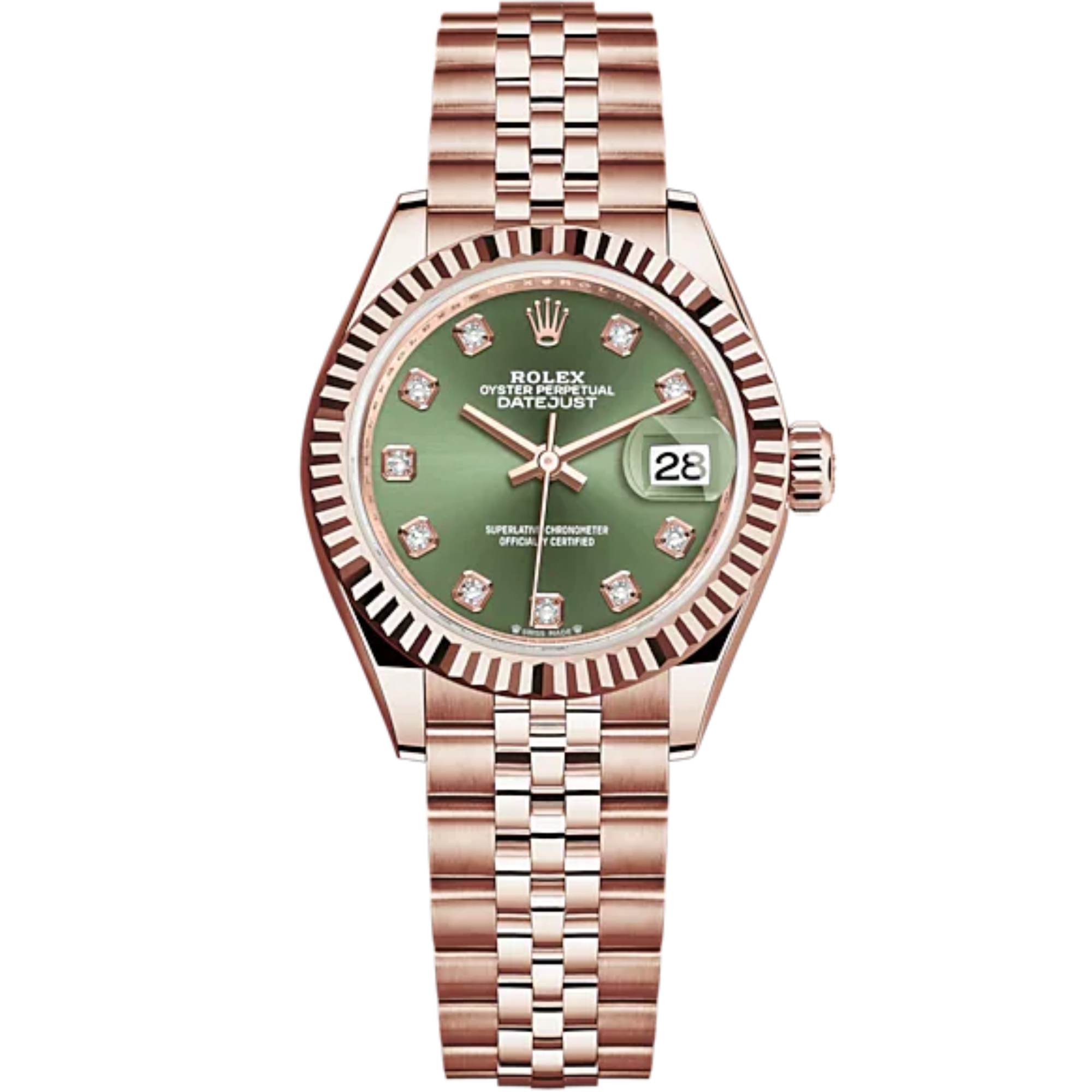 Lady-DateJust 28mm Jubilee Bracelet and 18 KT Everose Gold with Olive-Green Dial Diamond-Set Dial Fluted Bezel - Rolex