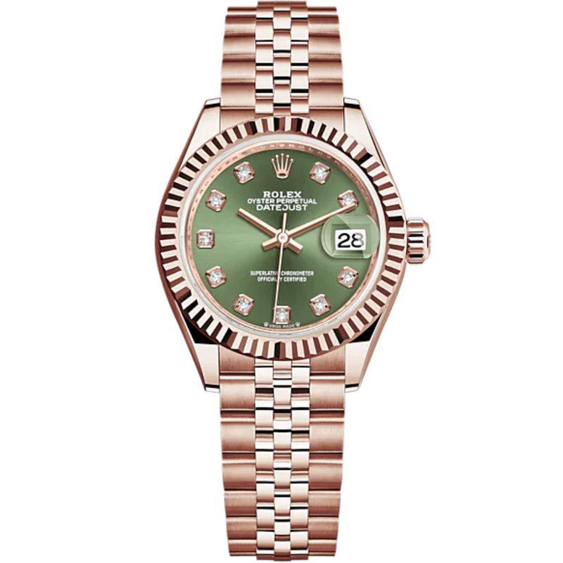 Lady-DateJust 28mm Jubilee Bracelet and 18 KT Everose Gold with Olive-Green Dial Diamond-Set Dial Fluted Bezel - Rolex