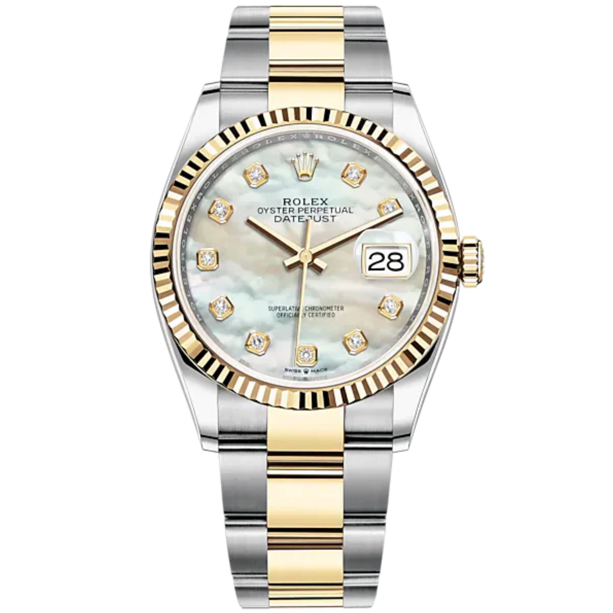 Datejust 36 36mm Oyster Bracelet Oystersteel and Yellow Gold with White Mother-of-Pearl Diamond-Set Dial Fluted Bezel - Rolex