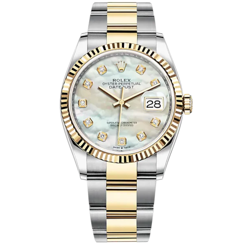 Datejust 36 36mm Oyster Bracelet Oystersteel and Yellow Gold with White Mother-of-Pearl Diamond-Set Dial Fluted Bezel - Rolex