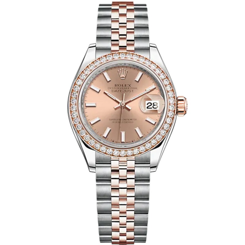 Lady-DateJust 28mm Oystersteel Jubilee Bracelet and Everose Gold with Rosé-Colour Dial Diamond-Set Bezel - Rolex