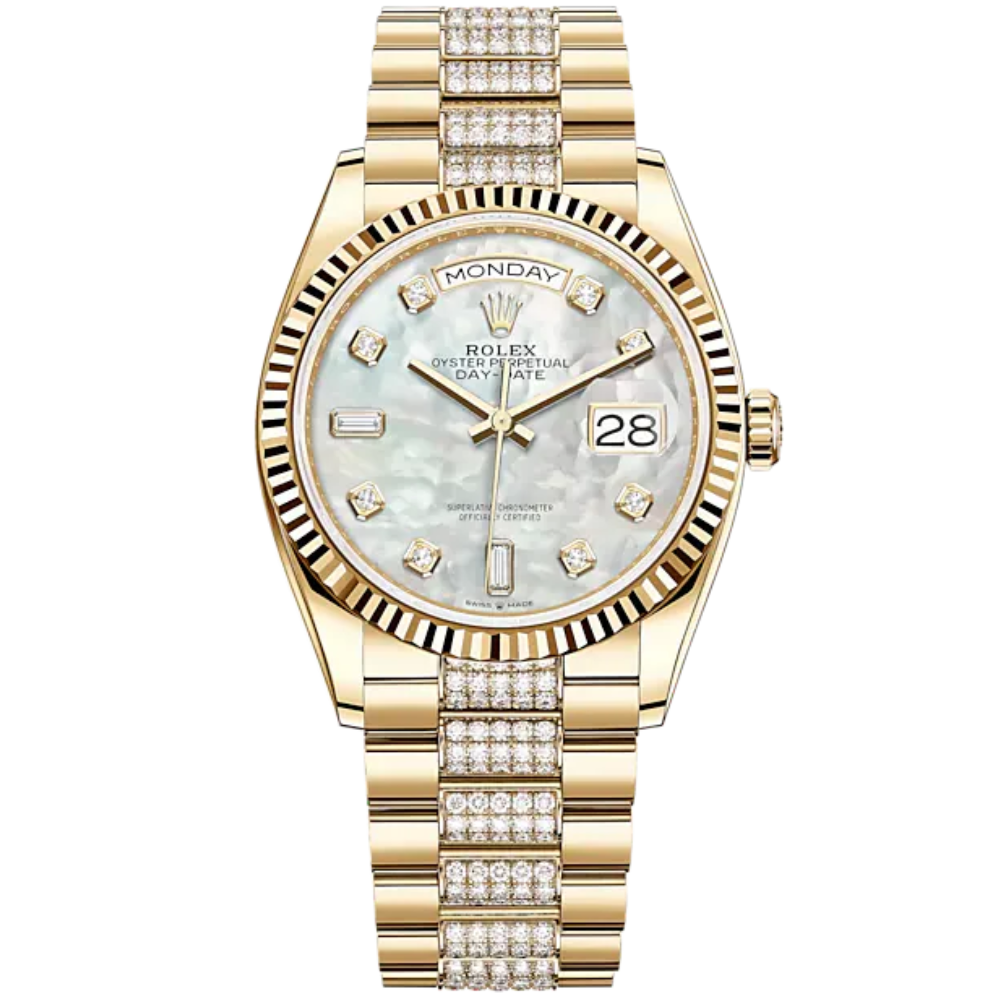 Day-Date 36 36mm Diamond-Set President Bracelet and 18 KT Yellow Gold with White Mother-of-Pearl Diamond-Set Dial Fluted Bezel - Rolex