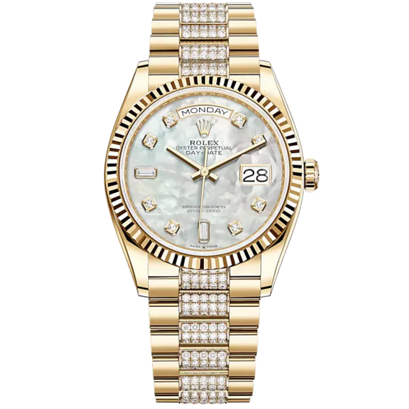 Day-Date 36 36mm Diamond-Set President Bracelet and 18 KT Yellow Gold with White Mother-of-Pearl Diamond-Set Dial Fluted Bezel - Rolex