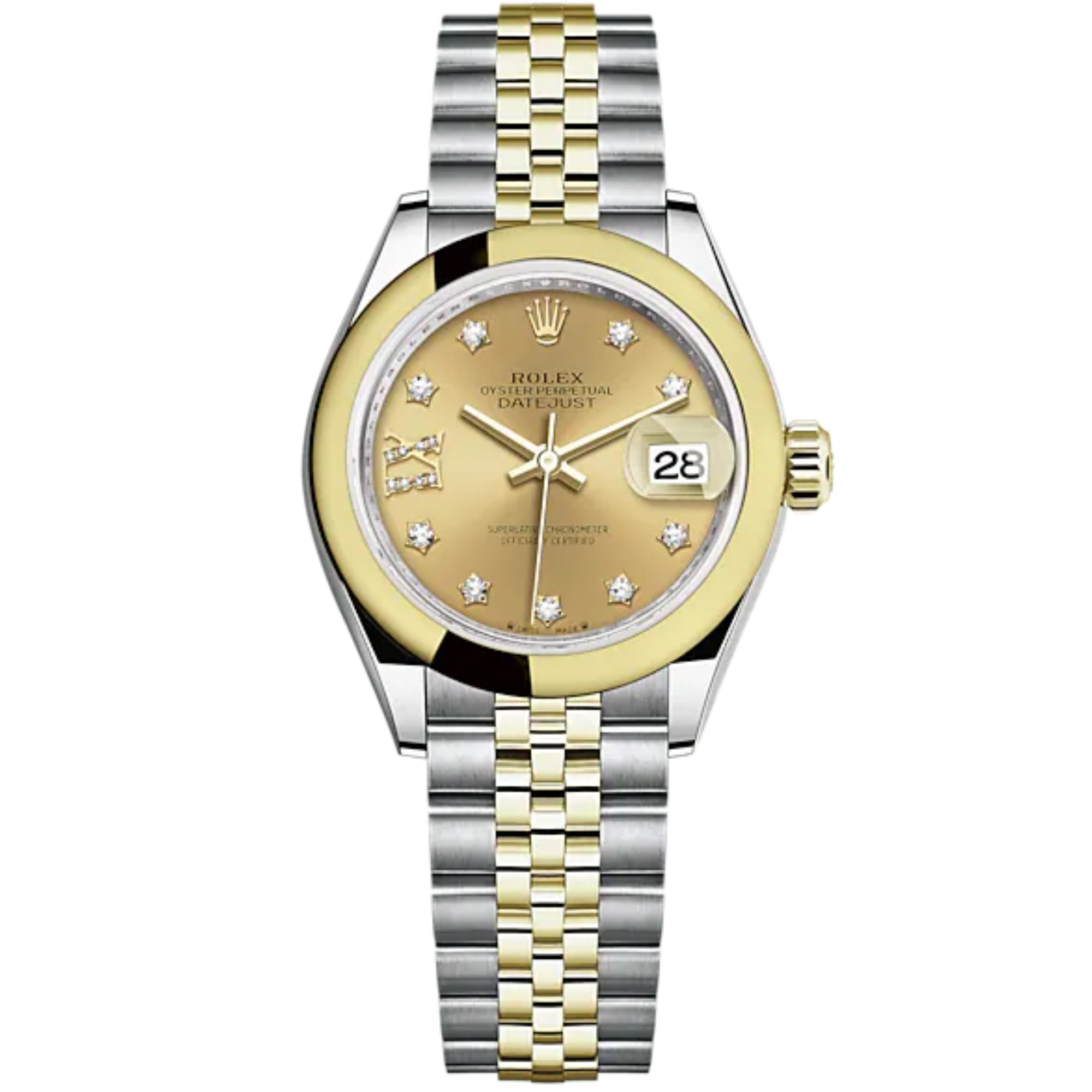 Lady-DateJust 28mm Oystersteel Jubilee Bracelet and Yellow Gold with Champagne-Colour Dial Diamond-Set Dial Domed Bezel - Rolex