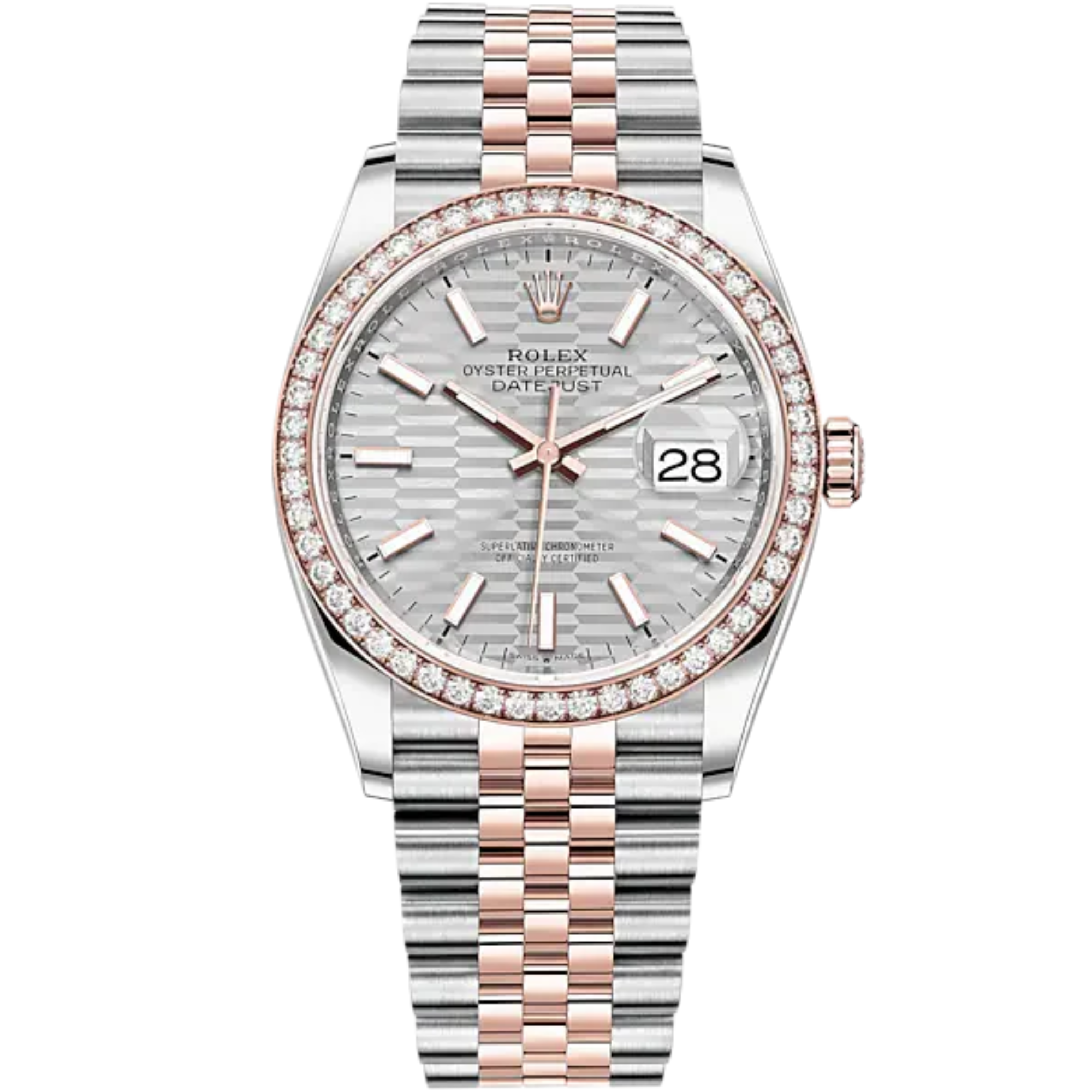 Datejust 36 36mm Oystersteel Jubilee Bracelet and Everose Gold with Silver Fluted-Motif Dial Diamond-Set Bezel - Rolex