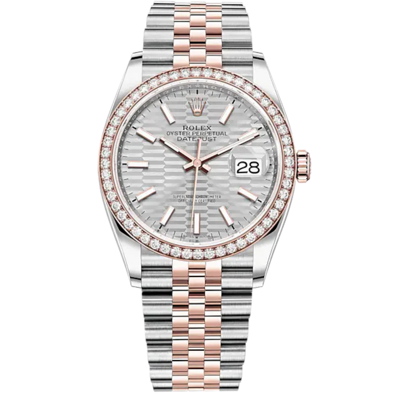 Datejust 36 36mm Oystersteel Jubilee Bracelet and Everose Gold with Silver Fluted-Motif Dial Diamond-Set Bezel - Rolex