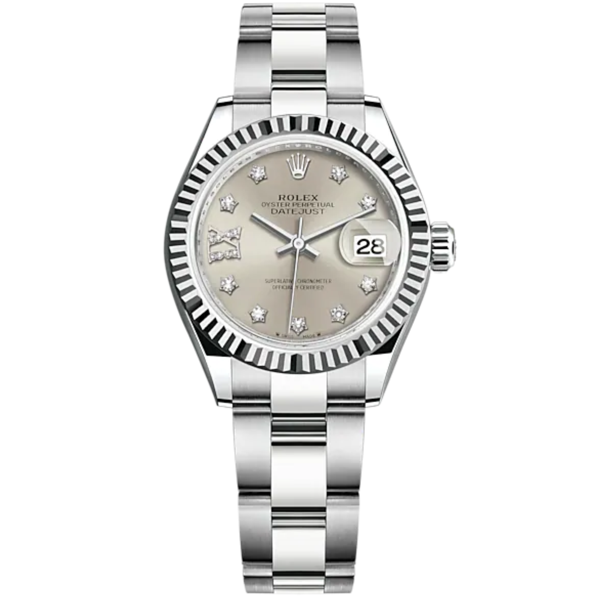 Lady-DateJust 28mm Oyster Oystersteel Bracelet and White Gold with Silver Dial Diamond-Set Dial Fluted Bezel - Rolex