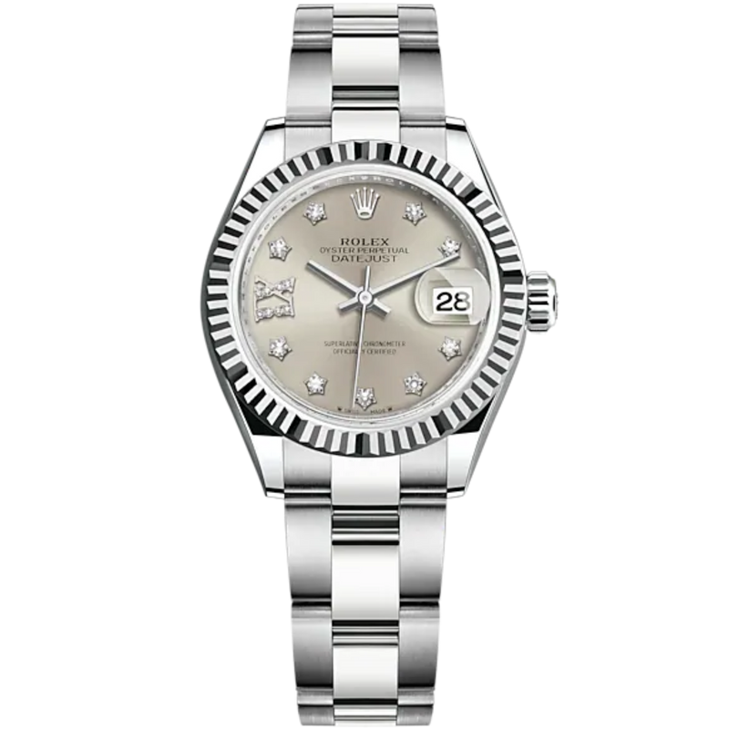 Lady-DateJust 28mm Oyster Oystersteel Bracelet and White Gold with Silver Dial Diamond-Set Dial Fluted Bezel - Rolex