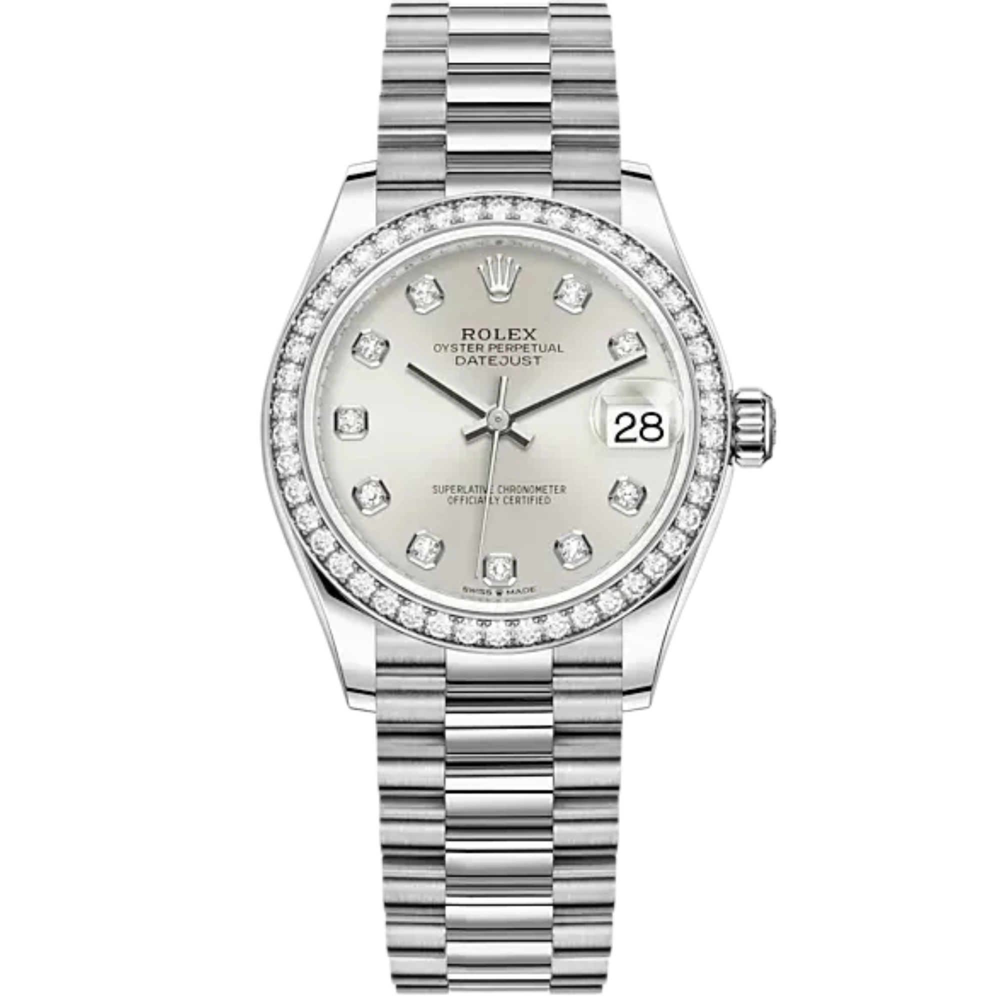 Datejust 31 31mm President Bracelet Oystersteel and White Gold with Silver Diamond-Set Dial Diamond-Set Bezel - Rolex
