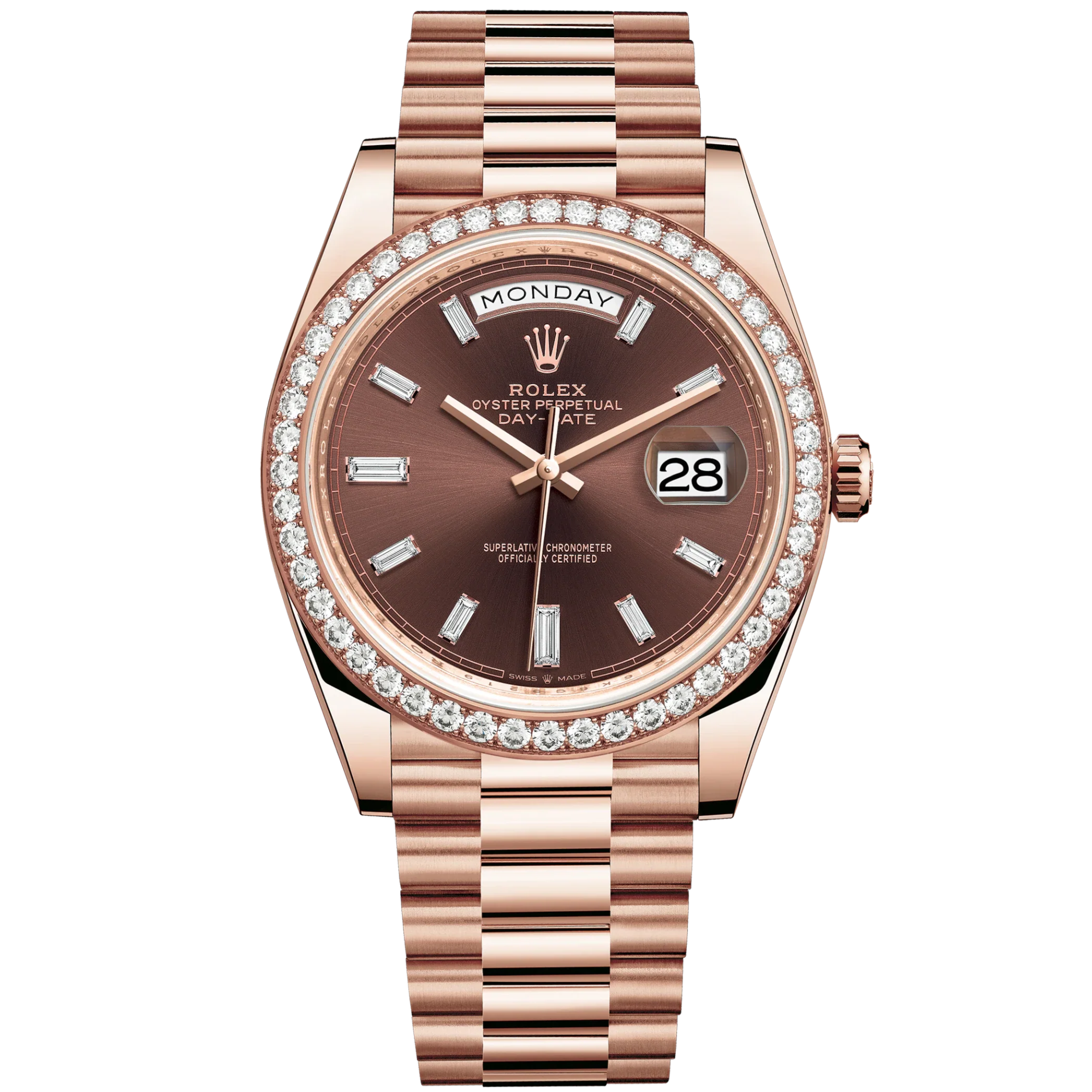 Day-Date 40 40mm President Bracelet and 18 KT Everose Gold with Chocolate Dial Diamond-Set Dial and Diamond-Set Bezel - Rolex