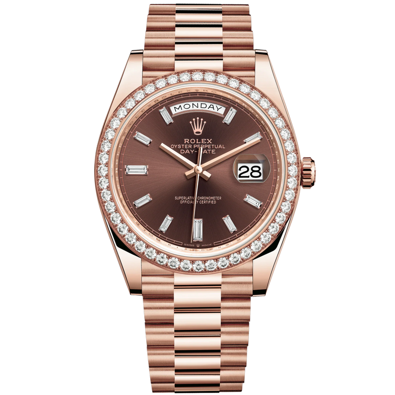 Day-Date 40 40mm President Bracelet and 18 KT Everose Gold with Chocolate Dial Diamond-Set Dial and Diamond-Set Bezel - Rolex