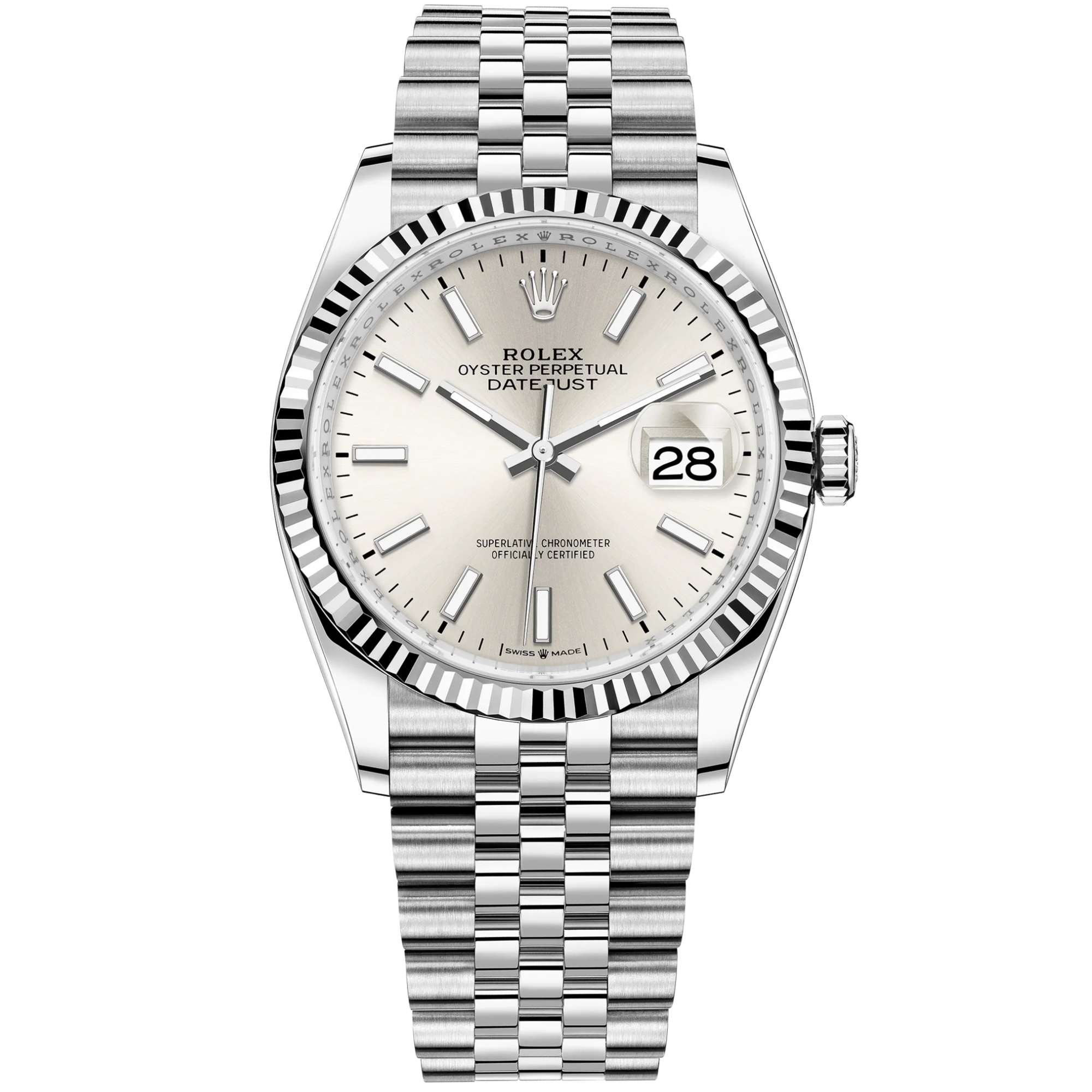 Rolex Datejust Ref. 126234 36mm Jubilee Bracelet and White Gold with Silver Stick Dial Fluted Bezel - Rolex
