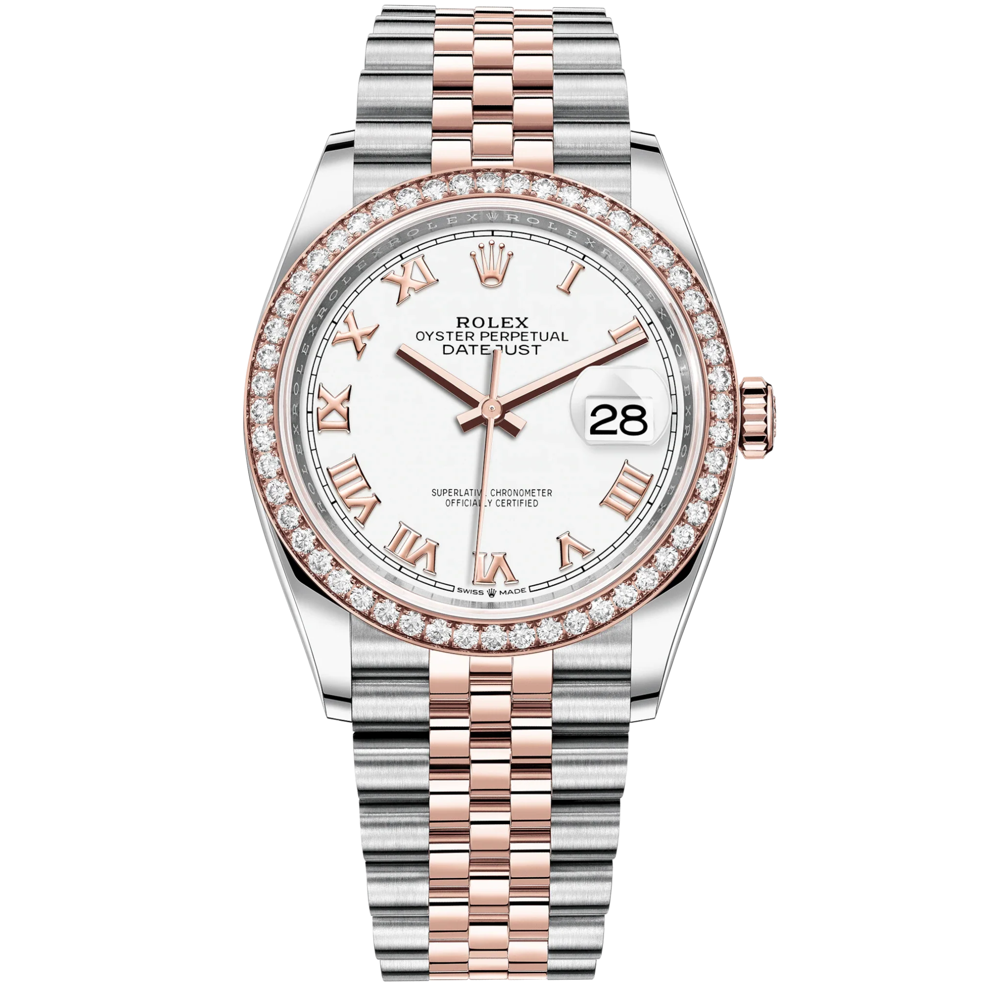 Datejust 36 36mm Jubilee Bracelet Oystersteel and Everose Gold with White Roman Dial Diamond-Set Bezel - Rolex