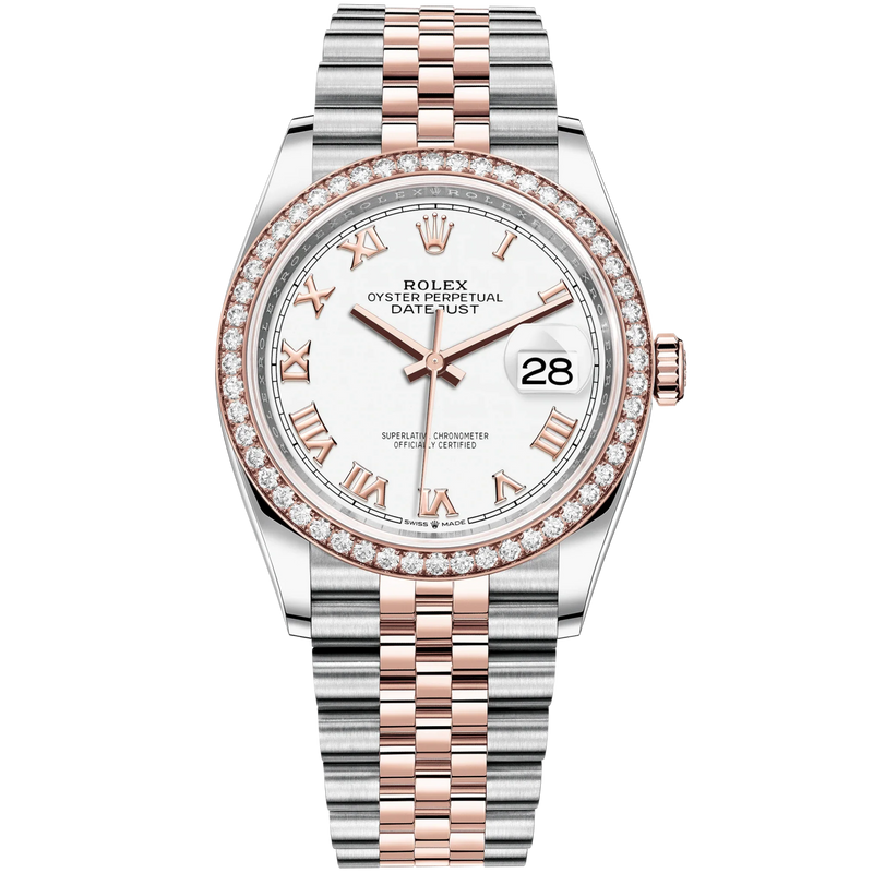 Datejust 36 36mm Jubilee Bracelet Oystersteel and Everose Gold with White Roman Dial Diamond-Set Bezel - Rolex