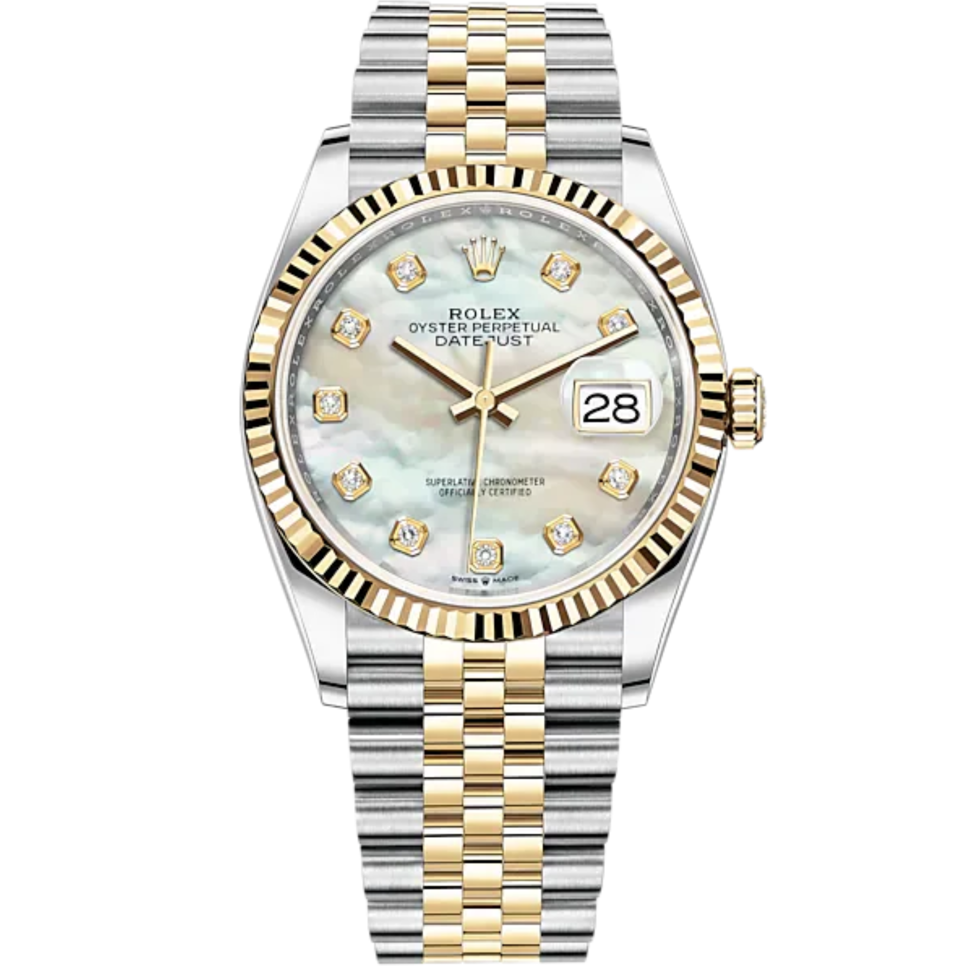 Datejust 36 36mm Oystersteel Jubilee Bracelet and Yellow Gold with White Mother-of-Pearl Diamond-Set Bezel - Rolex