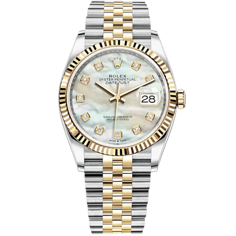 Datejust 36 36mm Oystersteel Jubilee Bracelet and Yellow Gold with White Mother-of-Pearl Diamond-Set Bezel - Rolex