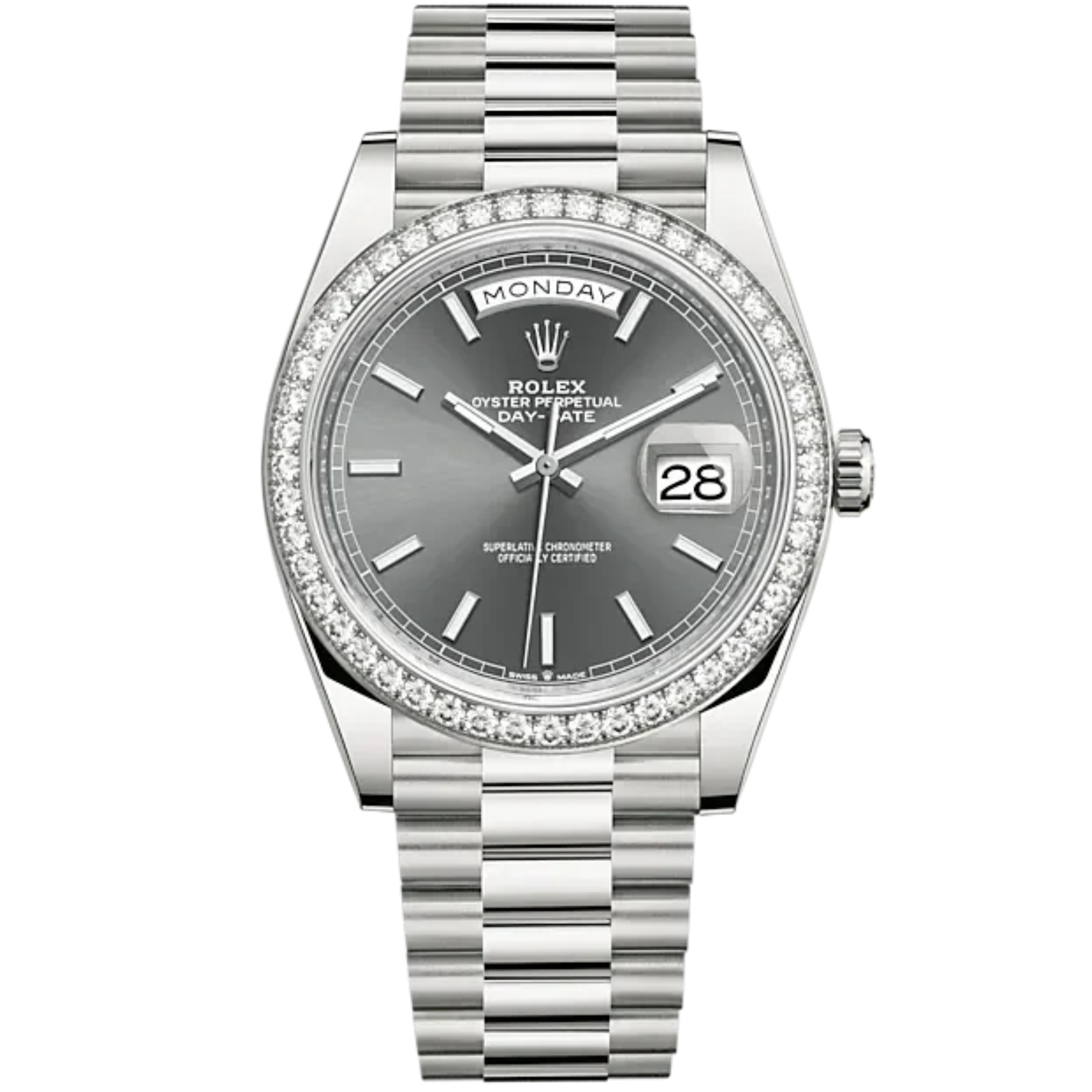 Day-Date 40 40mm President Bracelet and 18 KT White Gold with Slate Dial and Diamond-Set Bezel - Rolex