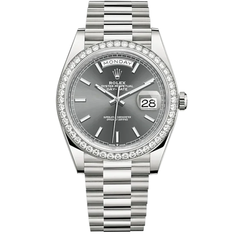 Day-Date 40 40mm President Bracelet and 18 KT White Gold with Slate Dial and Diamond-Set Bezel - Rolex