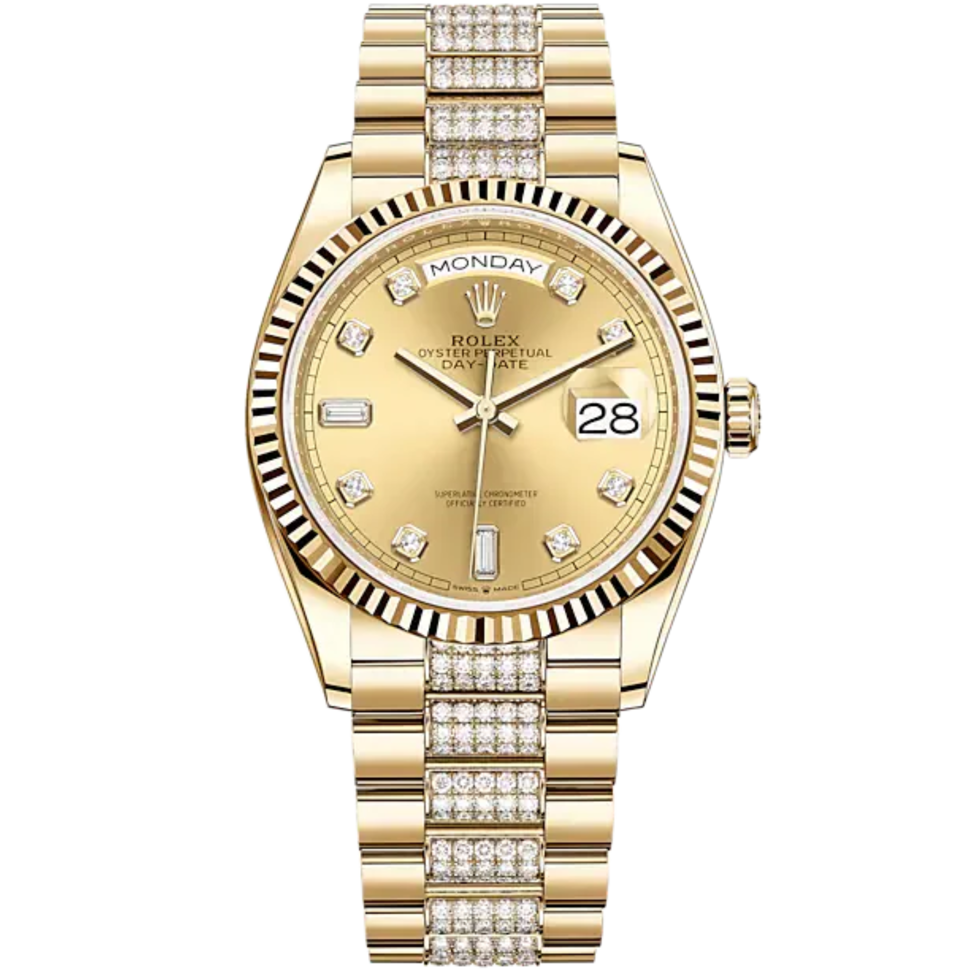 Day-Date 36 36mm Diamond-Set President Bracelet and 18 KT Yellow Gold with Champagne-Colour Dial Fluted Bezel - Rolex