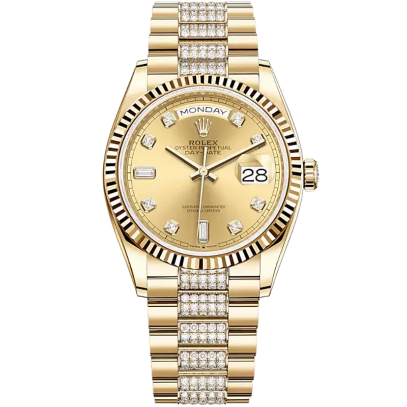 Day-Date 36 36mm Diamond-Set President Bracelet and 18 KT Yellow Gold with Champagne-Colour Dial Fluted Bezel - Rolex