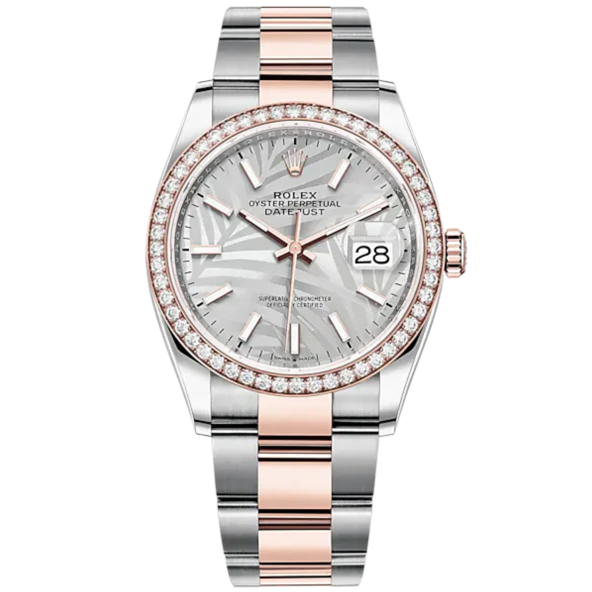 Datejust 36 36mm Oyster Bracelet Oystersteel and Everose Gold with Silver Palm-Motif Dial Diamond-Set Bezel - Rolex