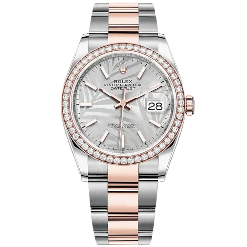 Datejust 36 36mm Oyster Bracelet Oystersteel and Everose Gold with Silver Palm-Motif Dial Diamond-Set Bezel - Rolex