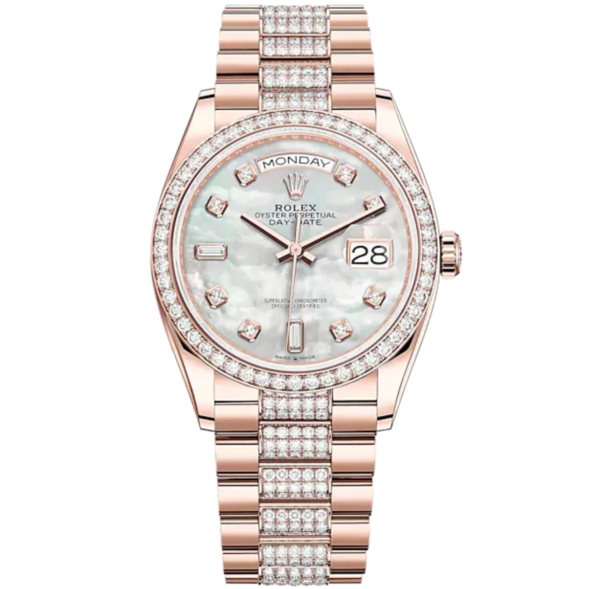 Day-Date 36 36mm Diamond-Set President Bracelet 18 KT Everose Gold with White Mother-of-Pearl Dial Diamond-Set Dial and Bezel - Rolex