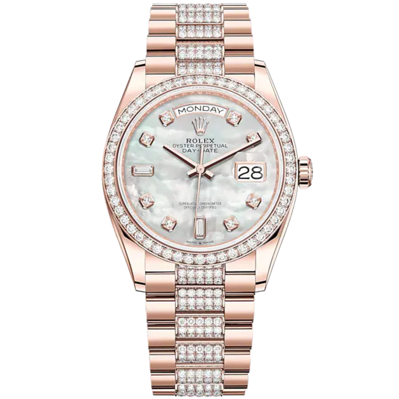 Day-Date 36 36mm Diamond-Set President Bracelet 18 KT Everose Gold with White Mother-of-Pearl Dial Diamond-Set Dial and Bezel - Rolex