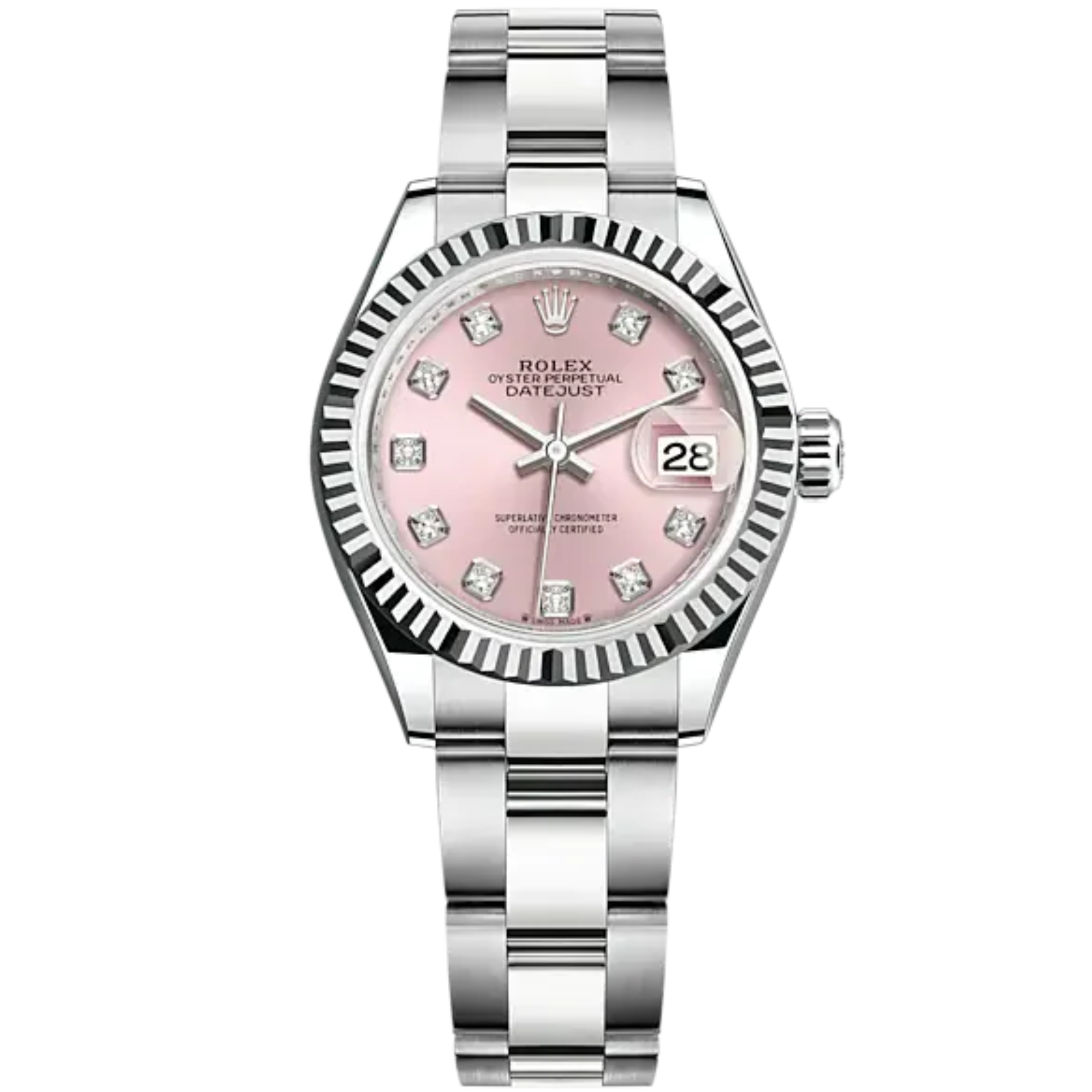 Lady-DateJust 28mm Oyster Oystersteel Bracelet and White Gold with Pink Dial Diamond-Set Dial Fluted Bezel - Rolex
