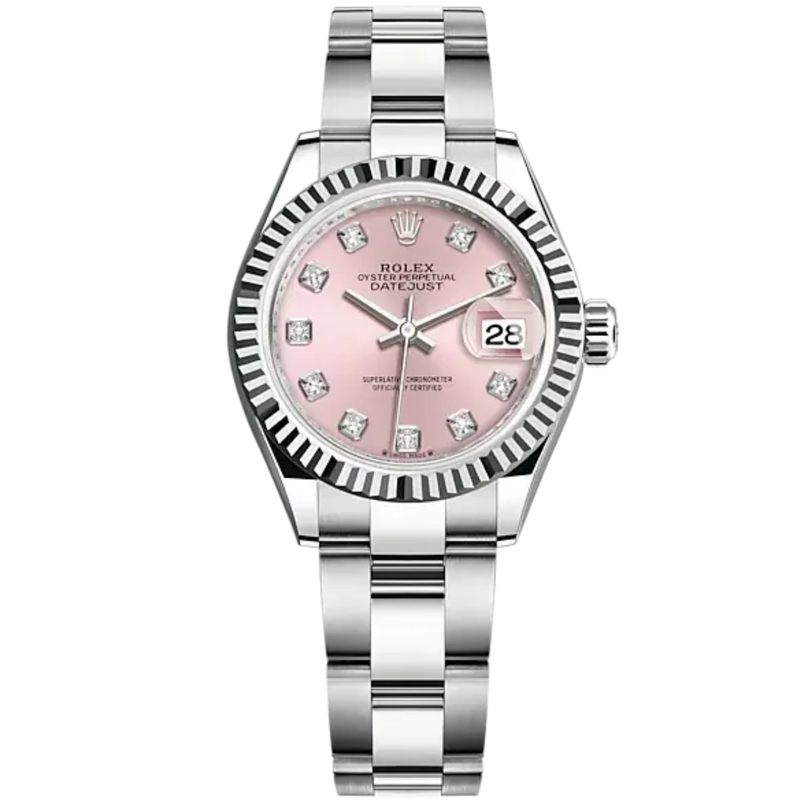Lady-DateJust 28mm Oyster Oystersteel Bracelet and White Gold with Pink Dial Diamond-Set Dial Fluted Bezel - Rolex