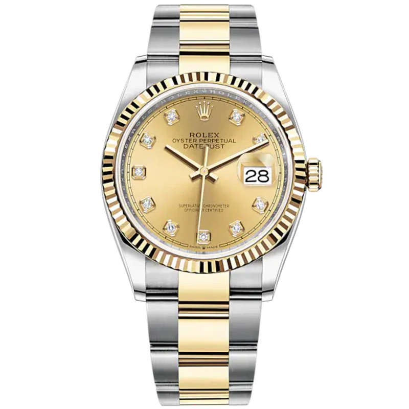 Datejust 36 36mm Oyster Bracelet and Yellow Gold with Champagne-Colour Diamond-Set Dial Fluted Bezel - Rolex
