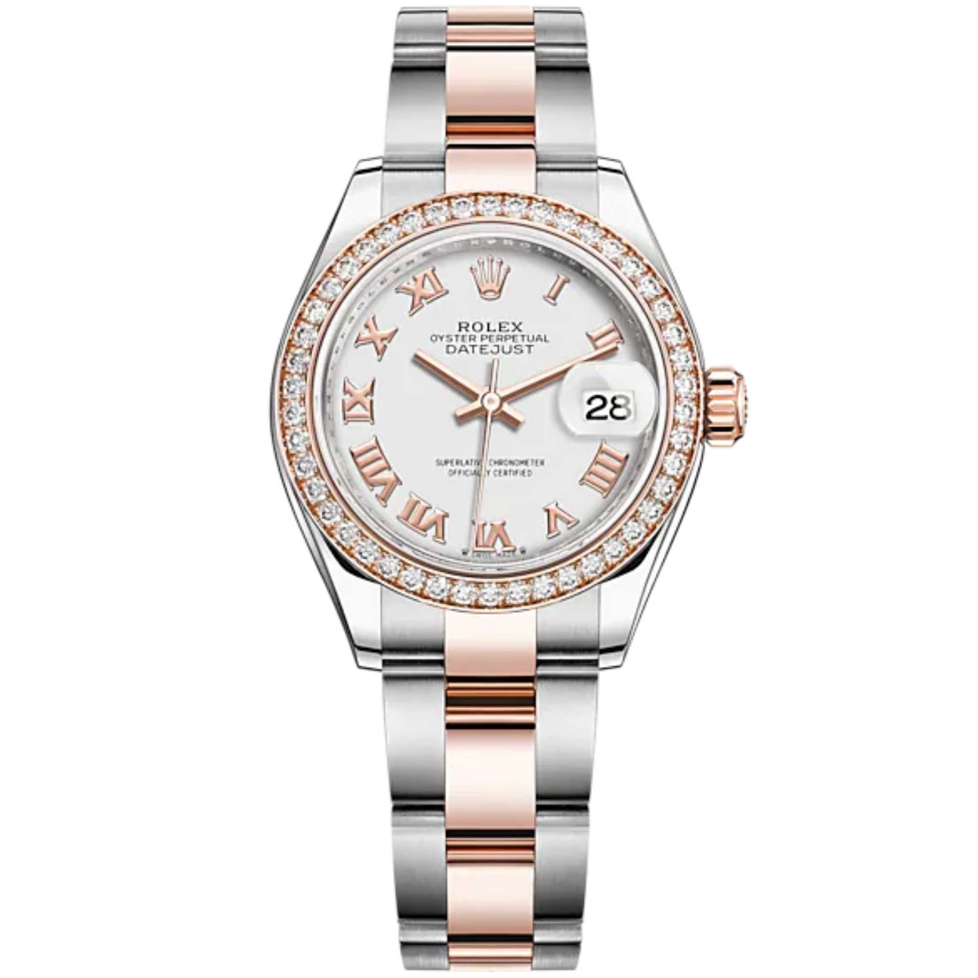 Lady-DateJust 28mm Oyster Oystersteel Bracelet and Everose Gold with White Dial Diamond-Set Bezel - Rolex