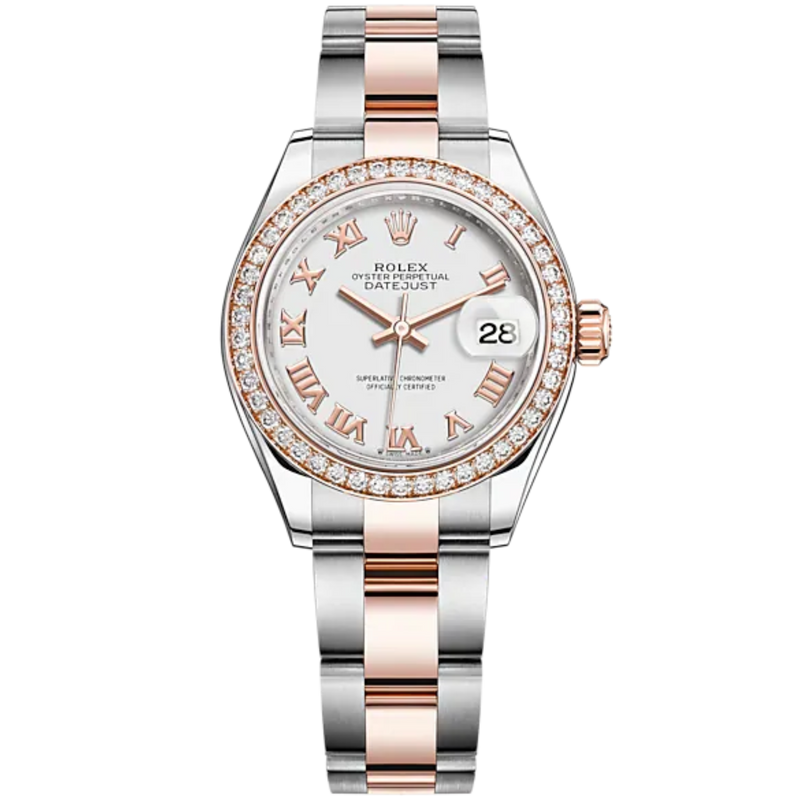 Lady-DateJust 28mm Oyster Oystersteel Bracelet and Everose Gold with White Dial Diamond-Set Bezel - Rolex