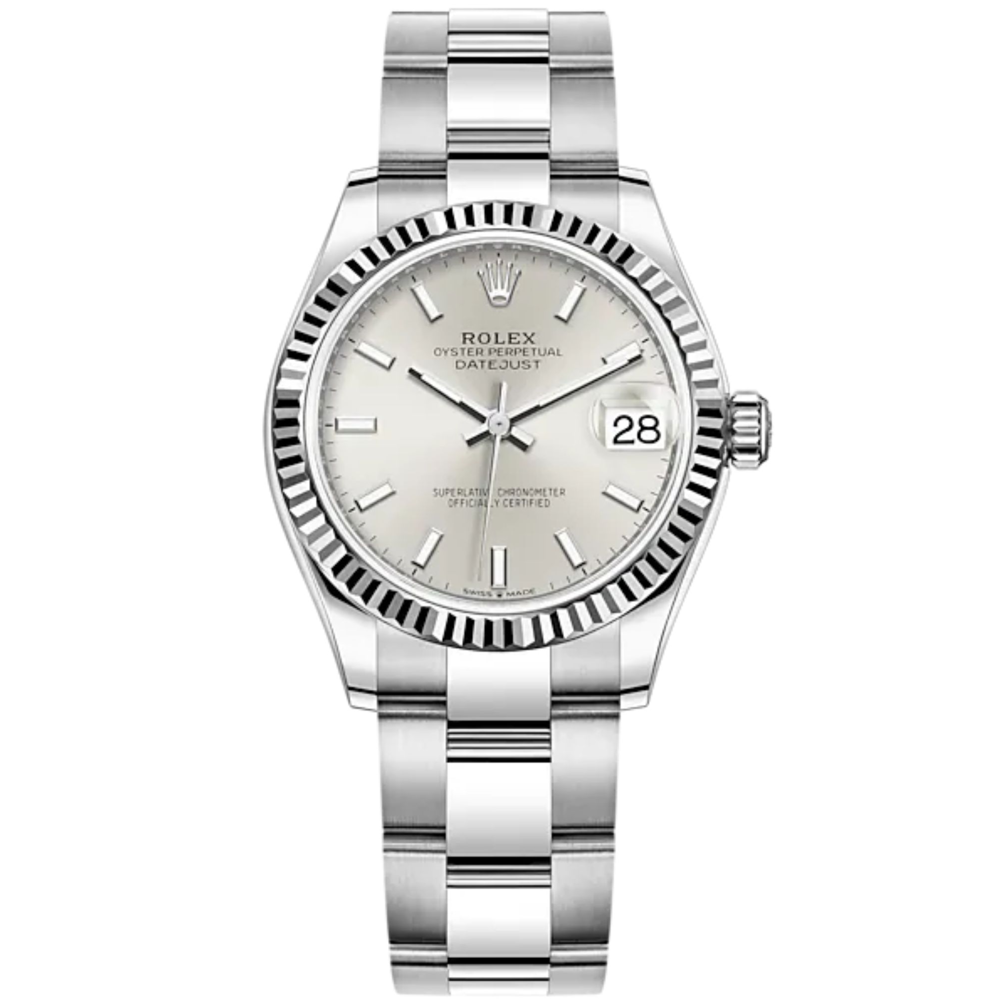 Datejust 31 31mm Oyster Bracelet Oystersteel and White Gold with Silver Dial Fluted Bezel - Rolex