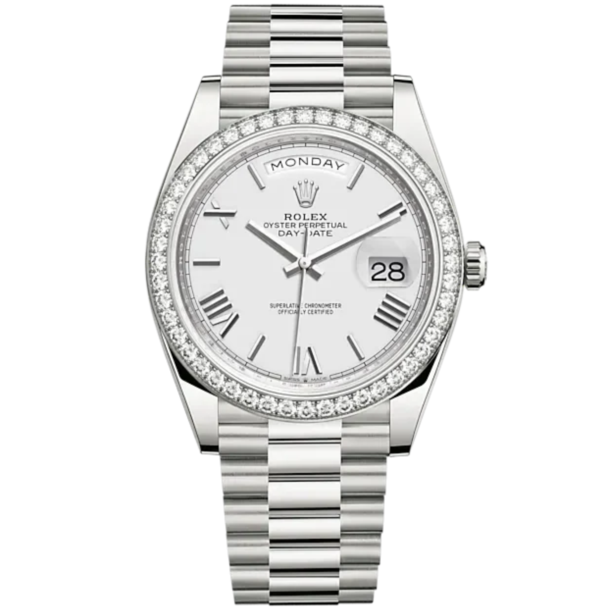 Day-Date 40 40mm President Bracelet and 18 KT White Gold with White Roman Dial and Diamond-Set Bezel - Rolex