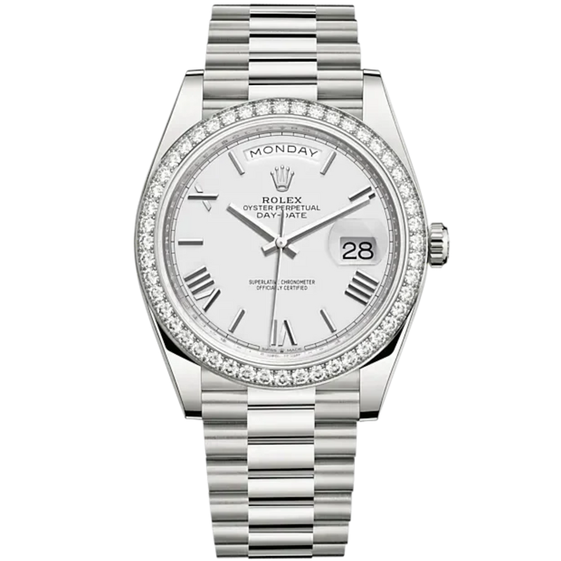 Day-Date 40 40mm President Bracelet and 18 KT White Gold with White Roman Dial and Diamond-Set Bezel - Rolex