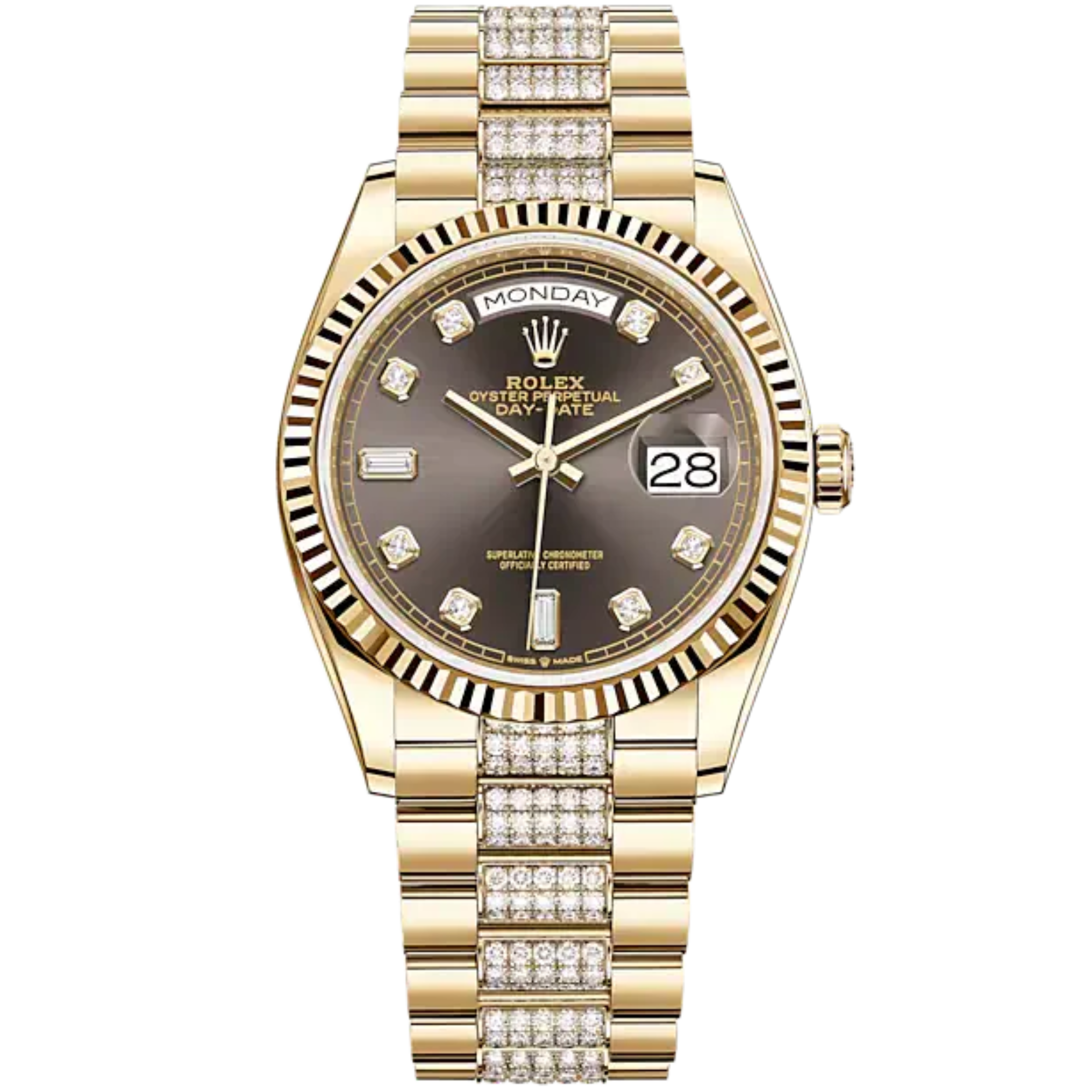 Day-Date 36 36mm Diamond-Set President Bracelet and 18 KT Yellow Gold with Dark Grey Diamond-Set Dial and Fluted Bezel - Rolex