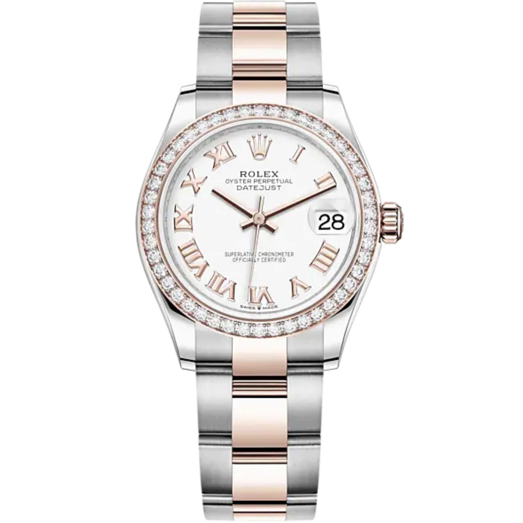 Datejust 31 31mm Oyster Bracelet Oystersteel and Everose Gold with White Dial Diamond-Set Bezel - Rolex