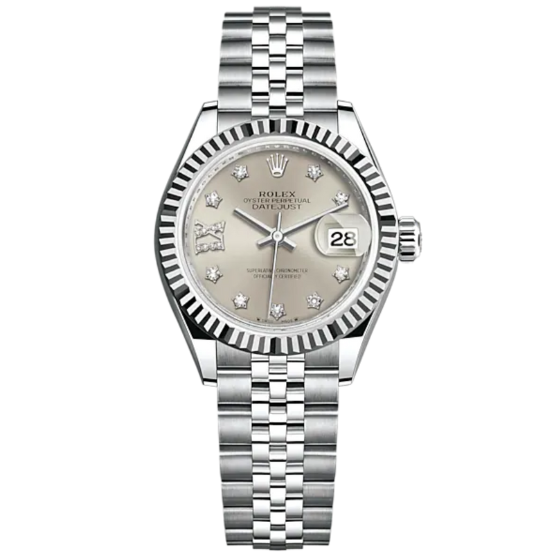 Lady-DateJust 28mm Oystersteel Jubilee Bracelet and White Gold with Silver Dial Diamond-Set Dial and Fluted Bezel - Rolex