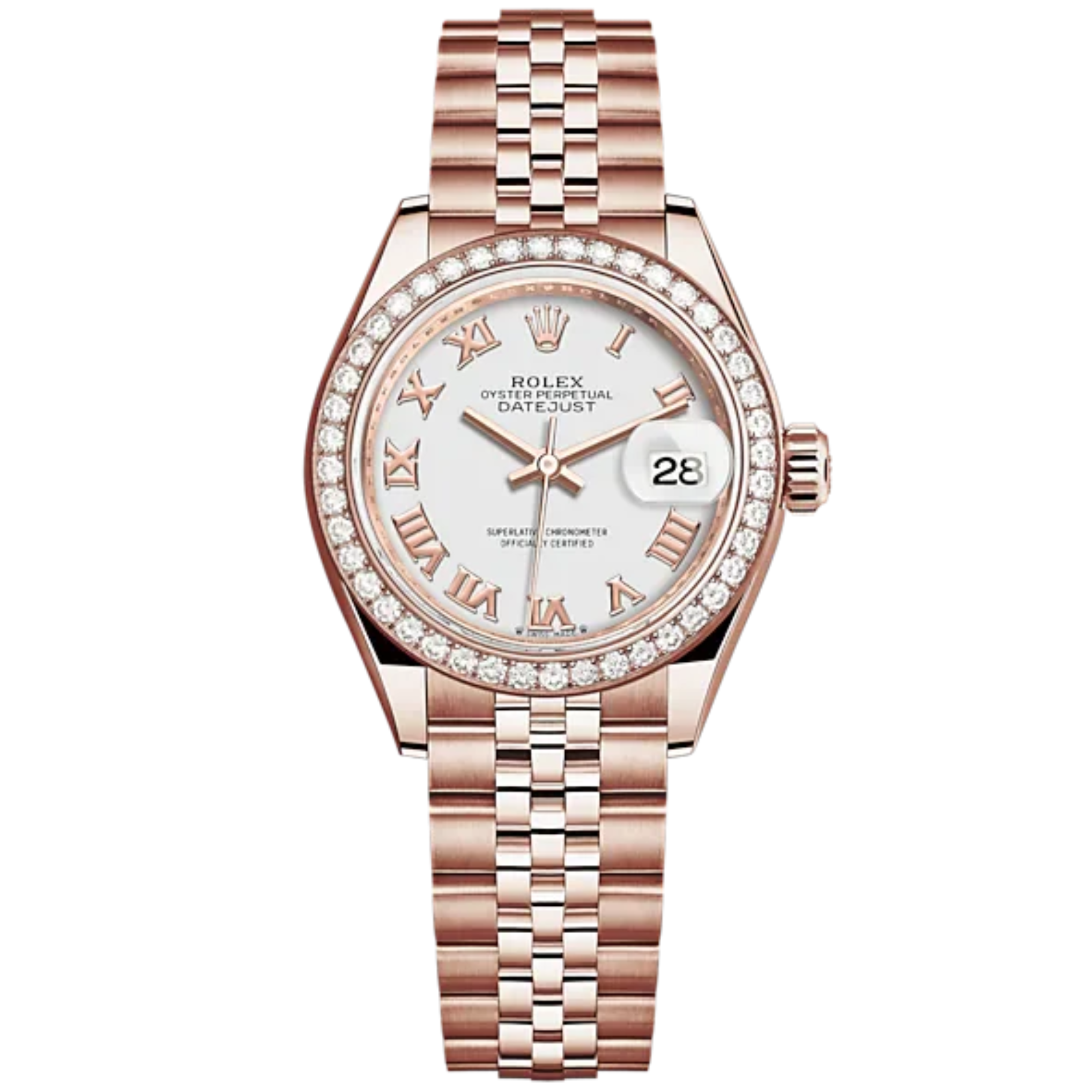 Lady-DateJust 28mm Jubilee Bracelet and 18 KT Everose Gold with White Dial Diamond-Set Bezel - Rolex