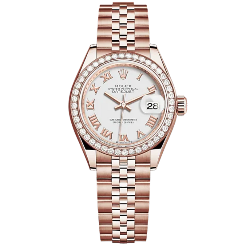 Lady-DateJust 28mm Jubilee Bracelet and 18 KT Everose Gold with White Dial Diamond-Set Bezel - Rolex