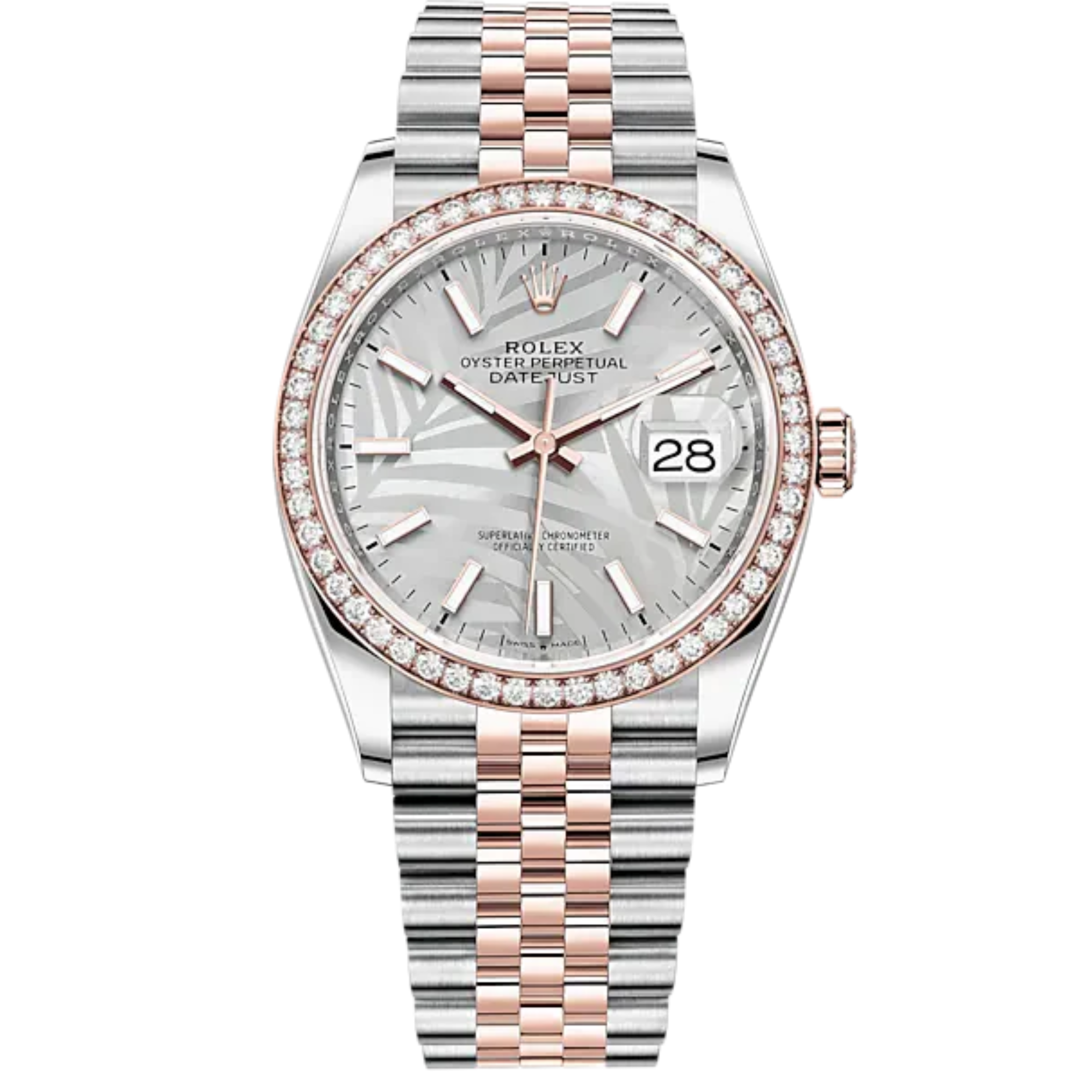 Datejust 36 36mm Oystersteel Jubilee Bracelet and Everose Gold with Silver Palm-Motif Dial Diamond-Set Bezel - Rolex