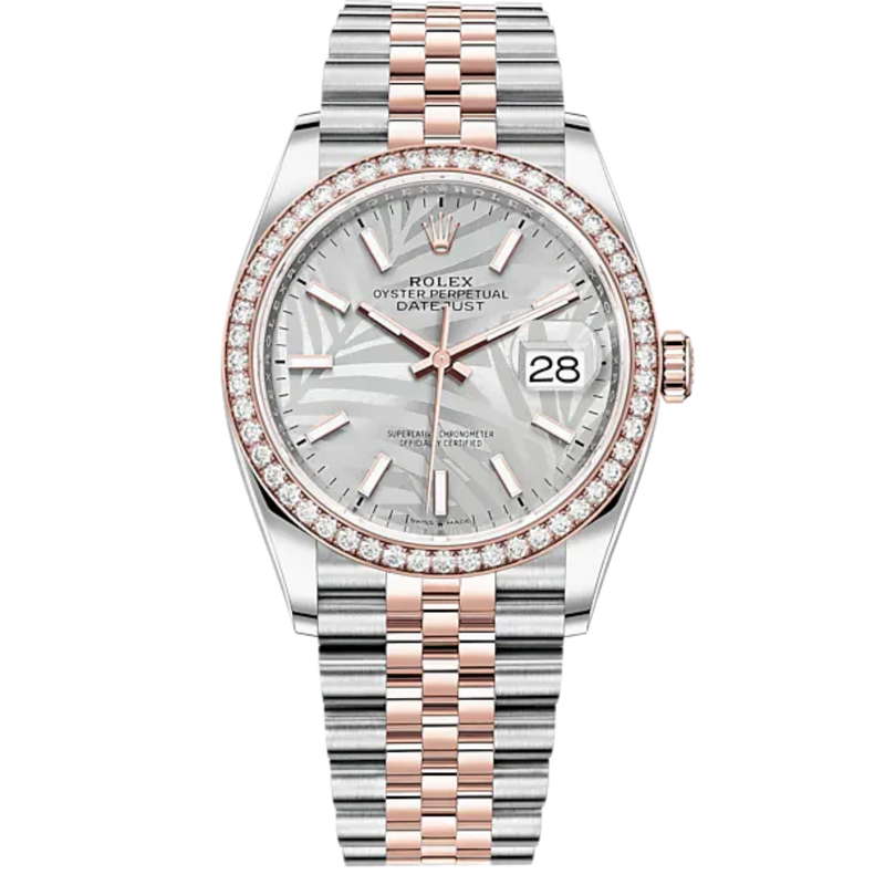 Datejust 36 36mm Oystersteel Jubilee Bracelet and Everose Gold with Silver Palm-Motif Dial Diamond-Set Bezel - Rolex