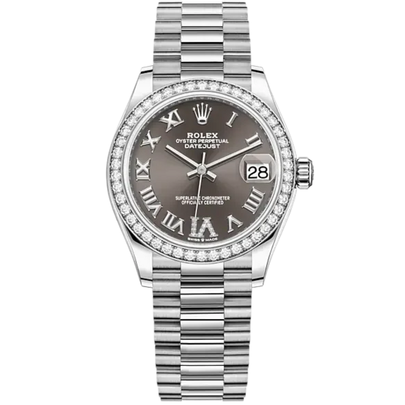Datejust 31 31mm President Bracelet Oystersteel and White Gold with Dark Grey Dial Diamond-Set Bezel - Rolex
