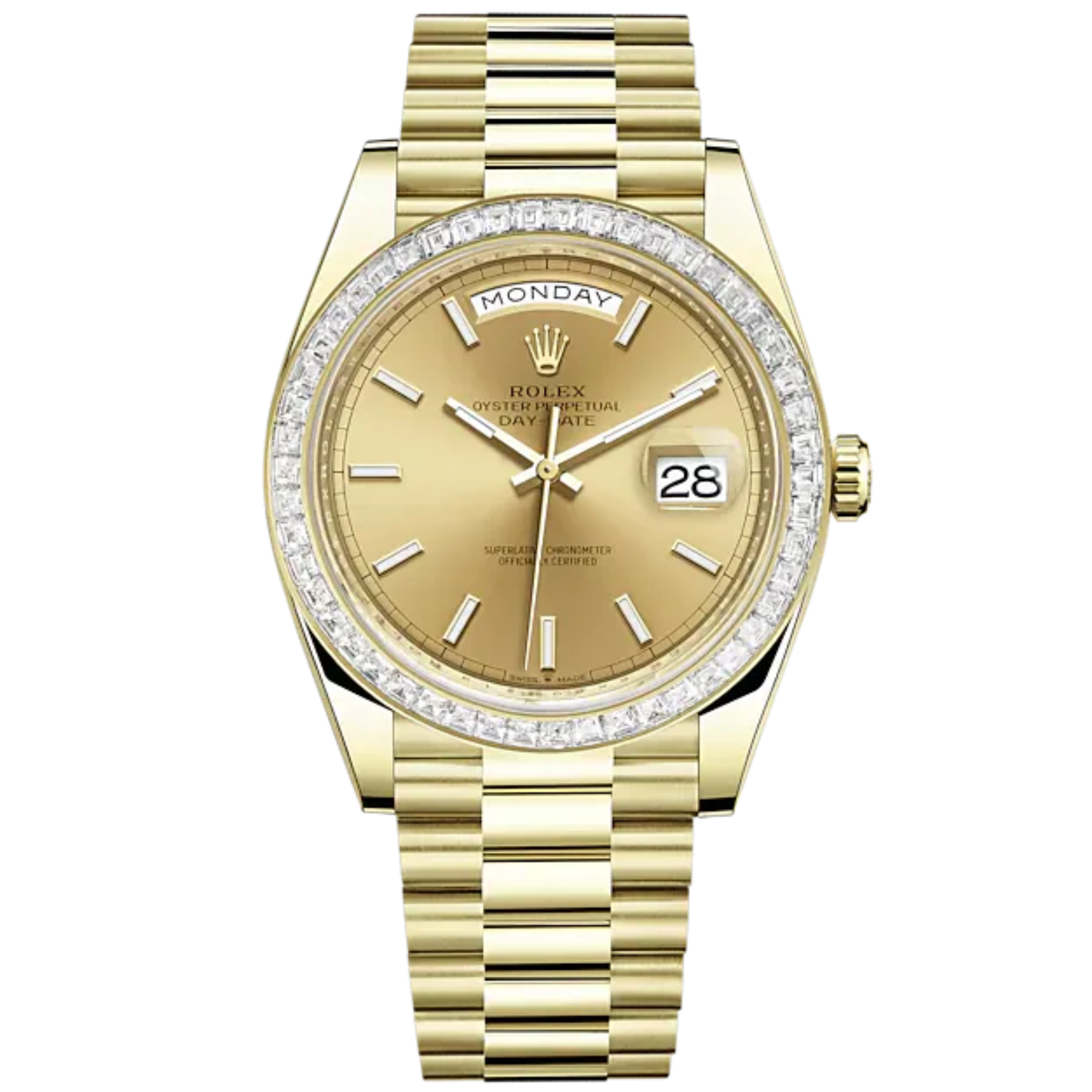 Day-Date 40 40mm President Bracelet and 18 KT Yellow Gold with Champagne-Colour Index Dial and Diamond-Set Bezel - Rolex