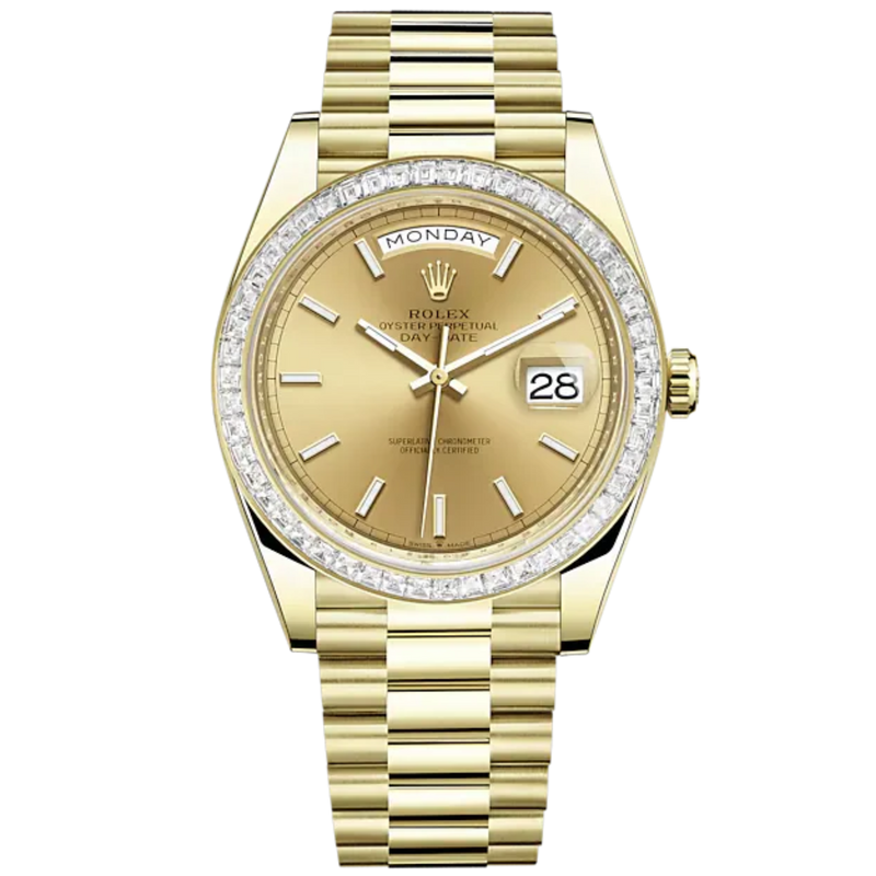 Day-Date 40 40mm President Bracelet and 18 KT Yellow Gold with Champagne-Colour Index Dial and Diamond-Set Bezel - Rolex