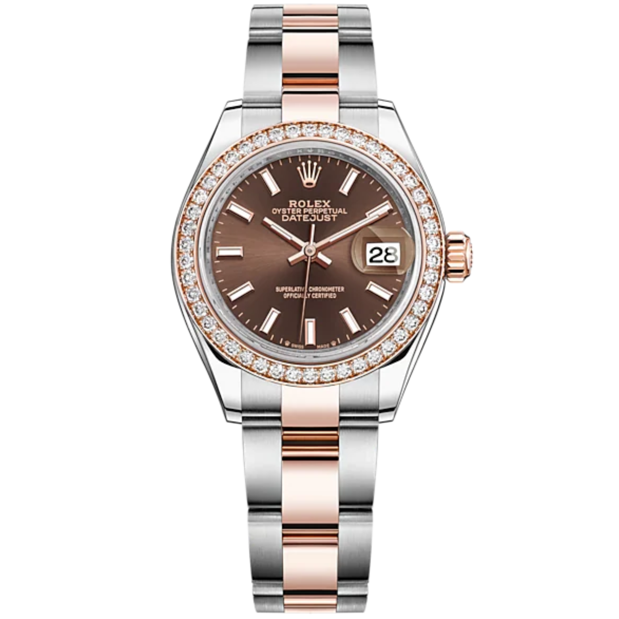 Lady-DateJust 28mm Oyster Oystersteel Bracelet and Everose Gold with Chocolate Dial Diamond-Set Bezel - Rolex